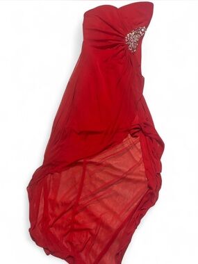 Strapless Red Evening Gown with Rhinestone Accent